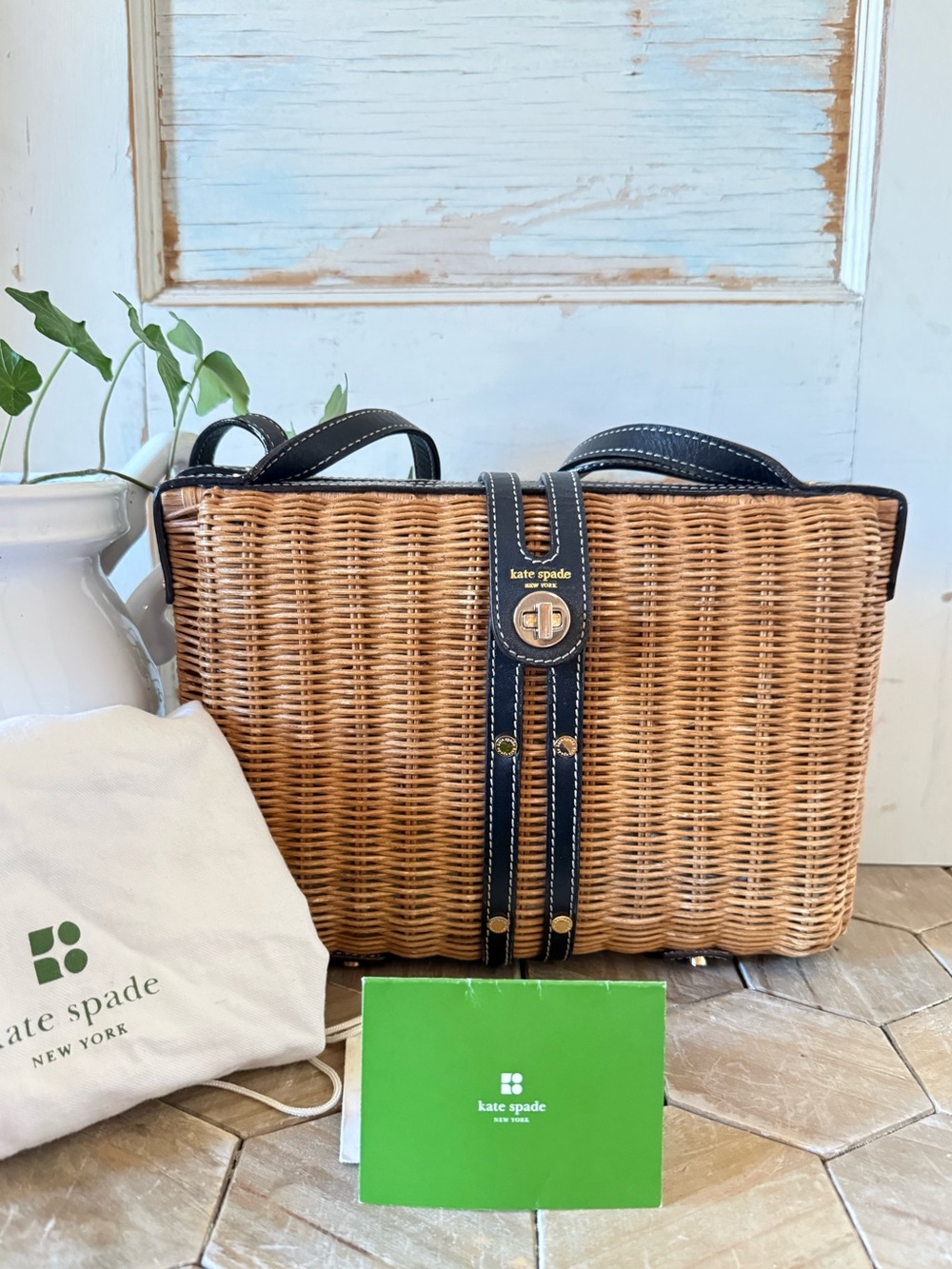 Vintage Kate Spade New York Wicker & Leather Satchel, Honey Rattan, + Dust Bag - Picture 14 of 15